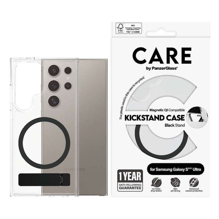 CARE. by PZG Feature Case w. Black Kickstand & QI - Clear -  Samsung S25 Ultra