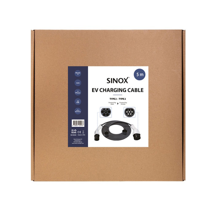 SINOX EV Charging Cable, Type 2 -Type 2 32A 3 Phase , 5m - Black