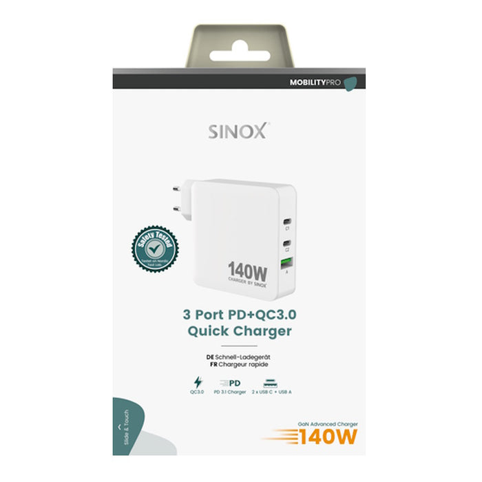 Sinox PRO 140W Wall Charger 2 x USBC, 1xUSBA - White