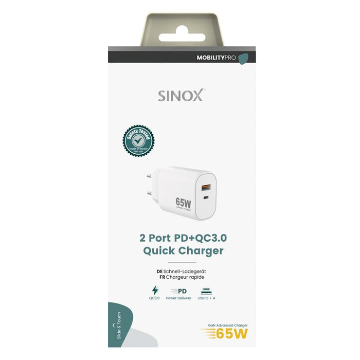 Sinox Wall Charger PD 65W USB-A+USB-C GAN-PPS - White
